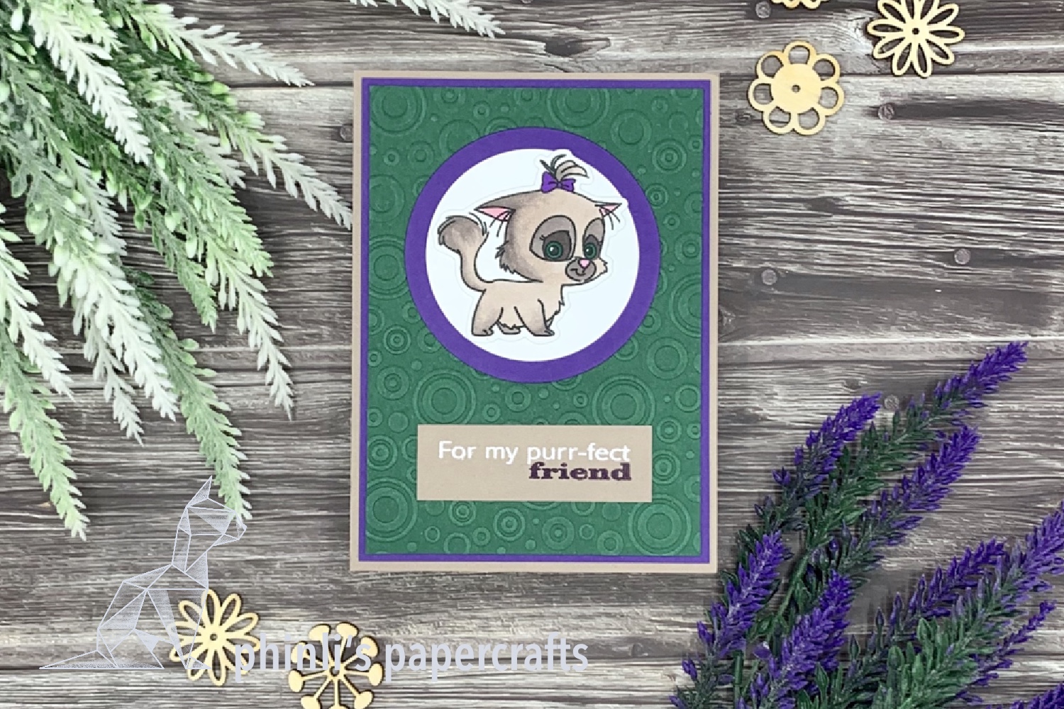 c.c. designs embossed card «for my purr-fect friend» - green/purple edition